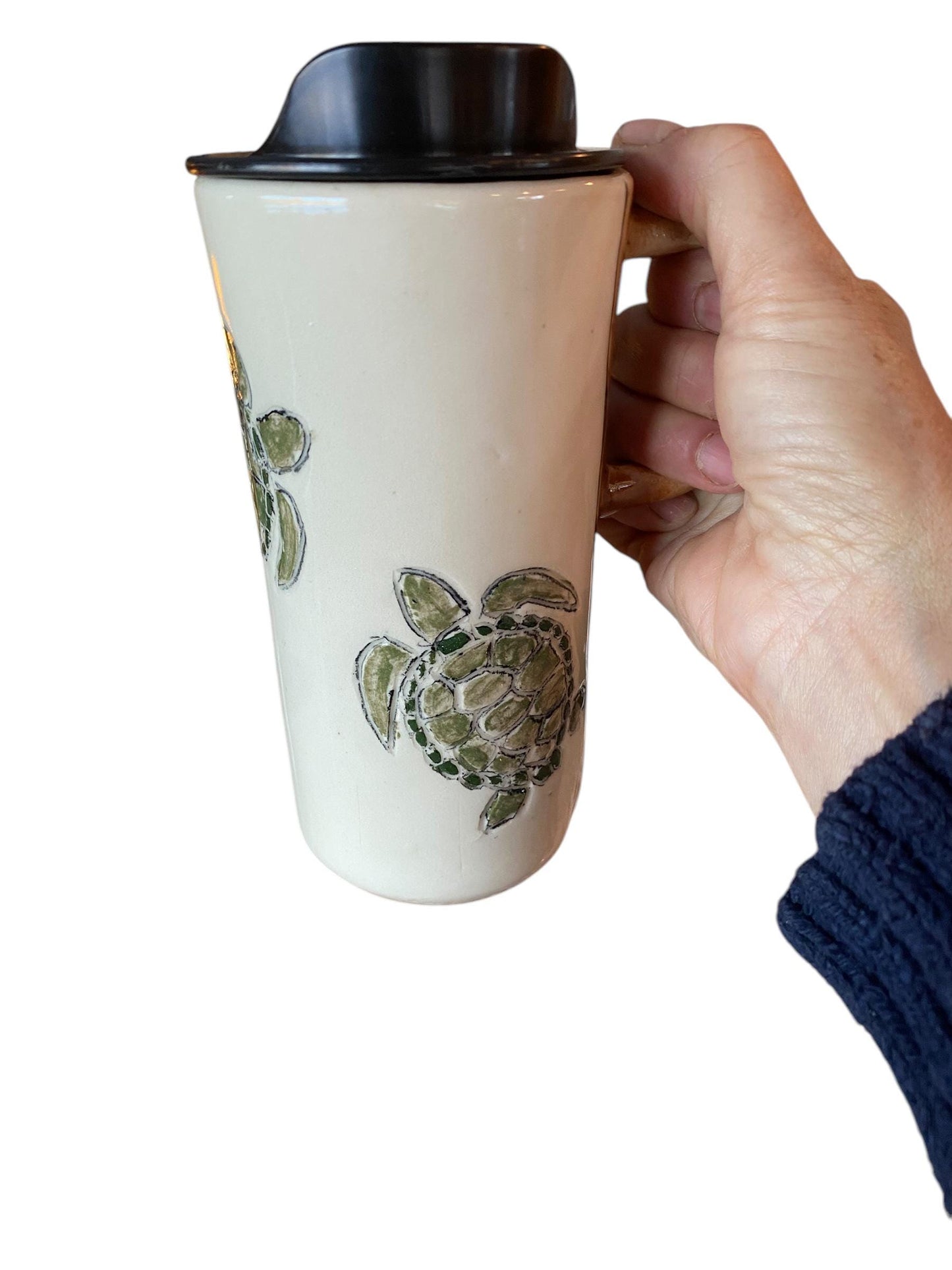 Handmade 16 Ounce Carved Turtle Themed Travel Mug - Porcelain - Travel Coffee Cup - Travel Mug - Pottery Mug - Coffee Mug