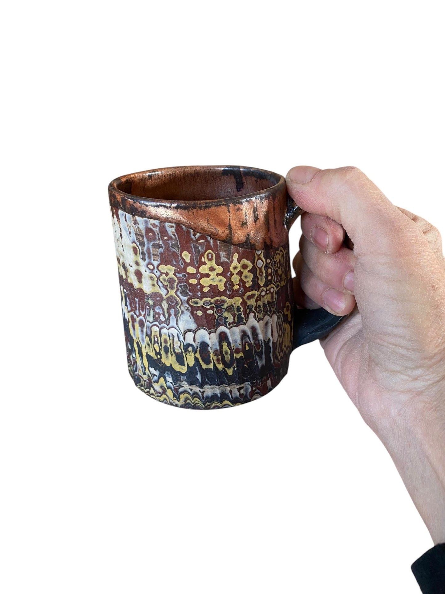 Large Handmade Agateware Mug Framed in a Copper Glaze - Black and White Marbled Mug - Unique Pottery Coffee Mug