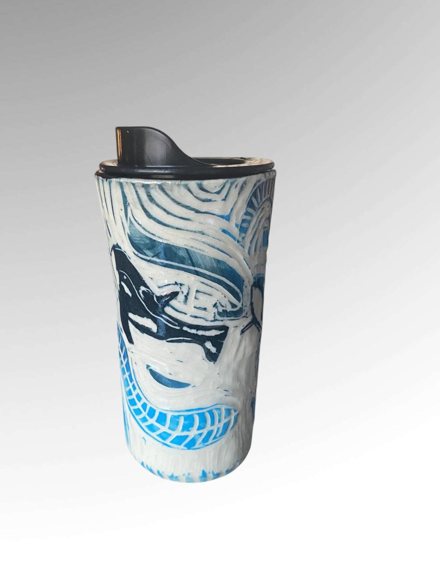 Handmade 16 Ounce Carved Whale Themed Travel Mug - Porcelain - Travel Coffee Cup - Travel Mug - Pottery Mug - Coffee Mug