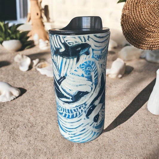 Handmade 16 Ounce Carved Whale Themed Travel Mug - Porcelain -  Travel Coffee Cup -  Travel Mug - Pottery Mug - Coffee Mug