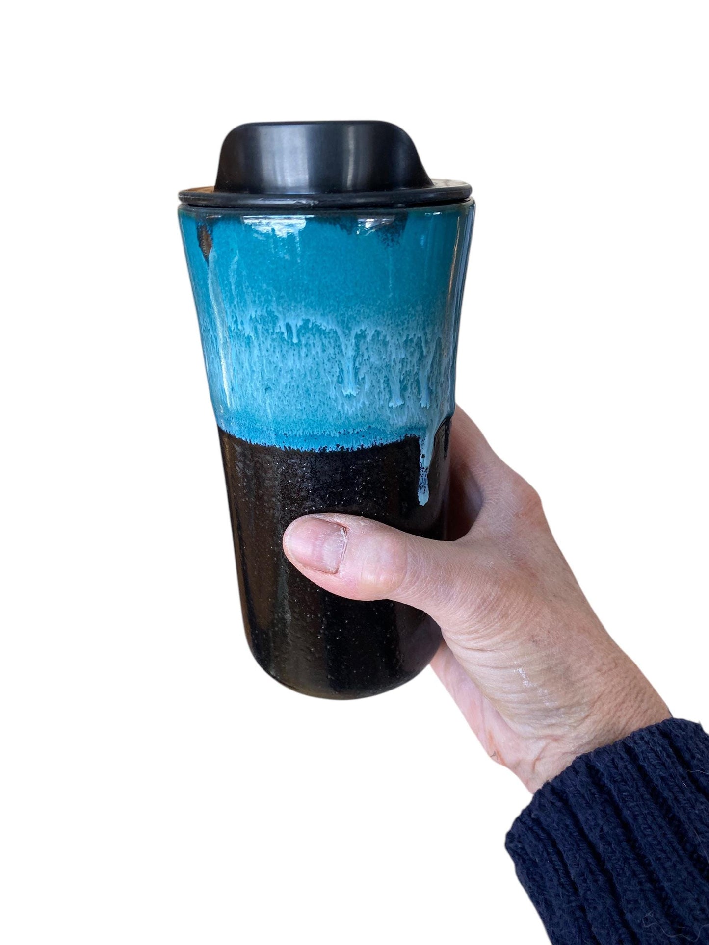 Handmade Turquoise and Black Waterfall Travel Mug - Porcelain - Travel Coffee Cup - Travel Mug - Pottery Mug - Coffee Mug