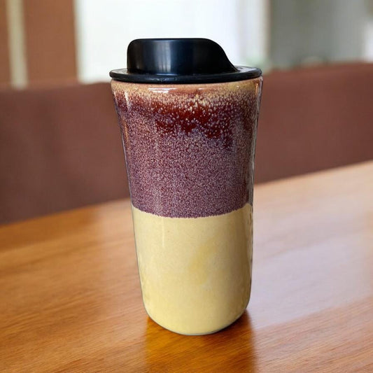 Handmade Merlot and Yellow Waterfall Travel Mug - Porcelain -  Travel Coffee Cup -  Travel Mug - Pottery Mug - Coffee Mug