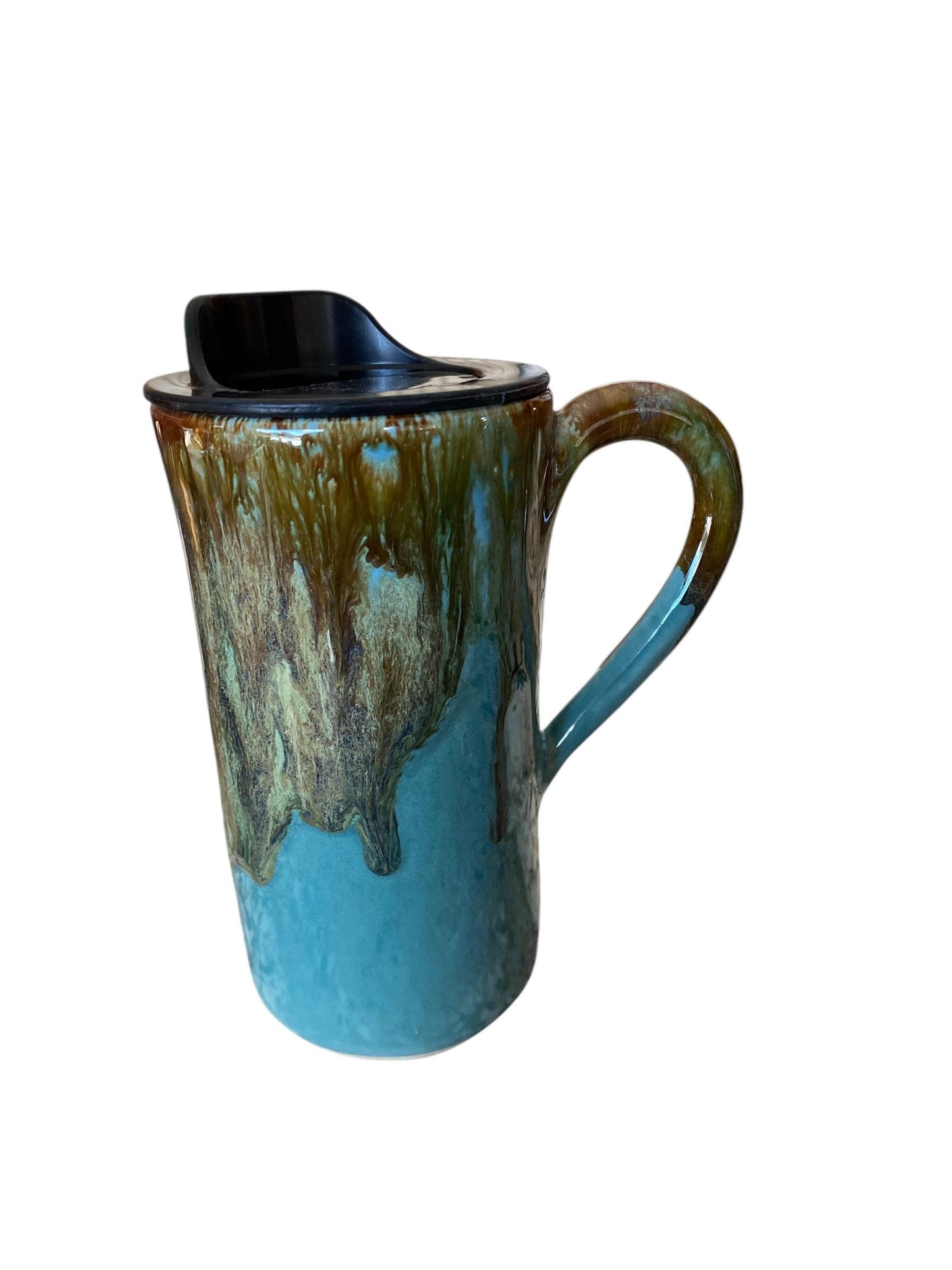 Handmade Caramel Turquoise Porcelain Travel Mug: Locking Lid