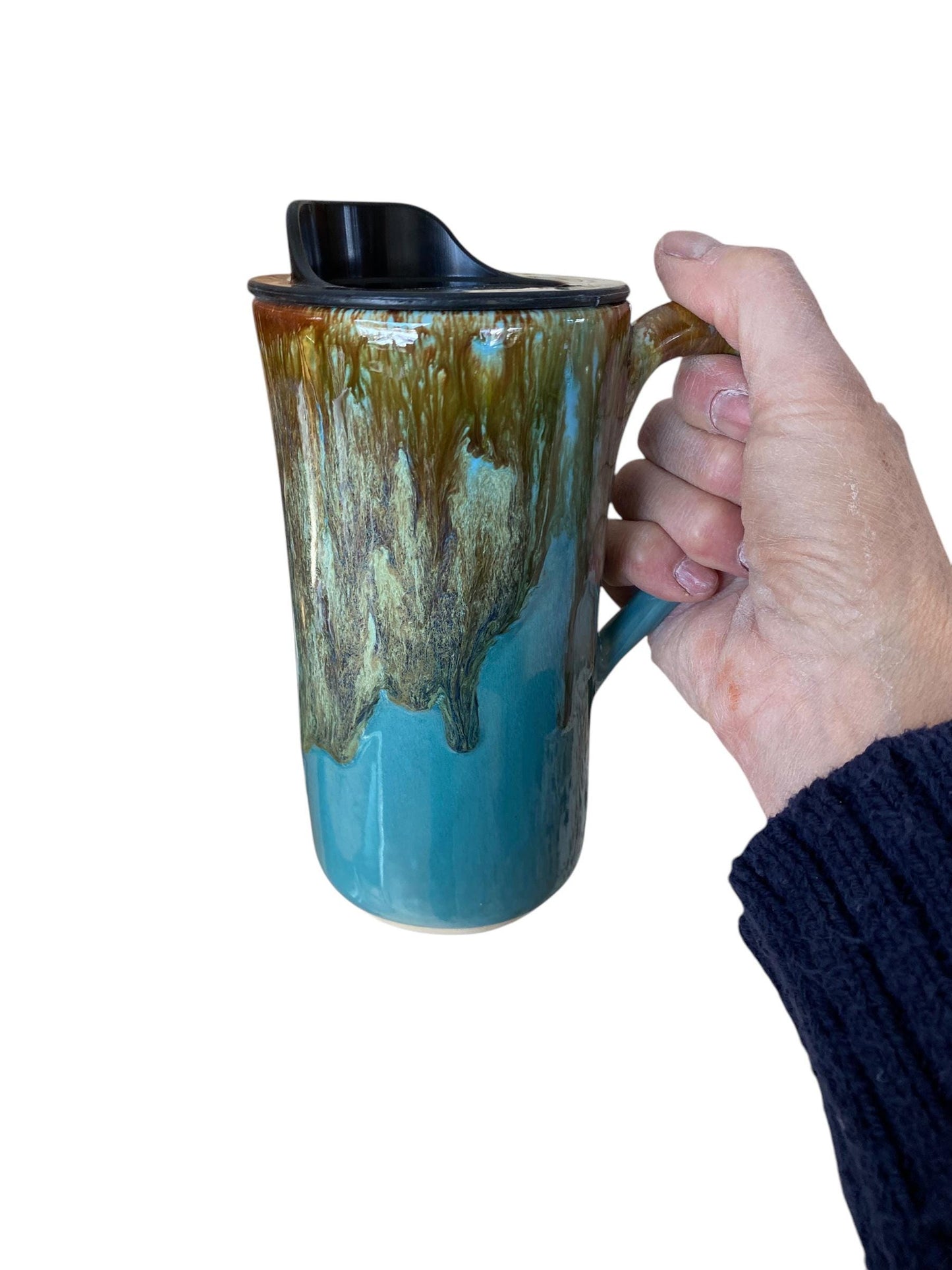 Handmade Caramel and Turquoise Waterfall Travel Mug - Porcelain - Travel Coffee Cup - Travel Mug - Pottery Mug - Coffee Mug