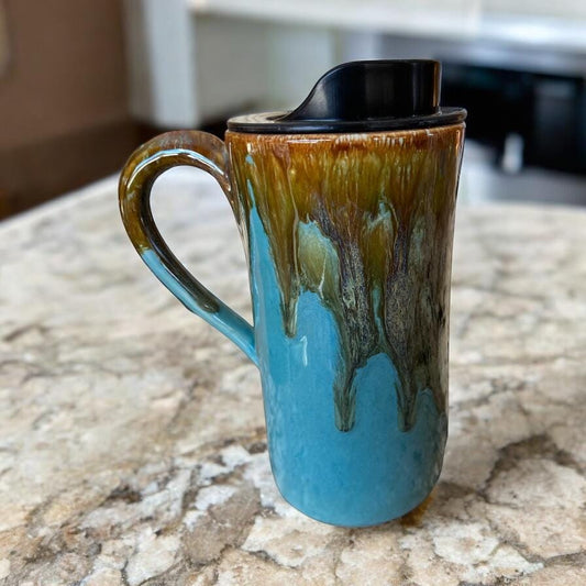 Handmade Caramel and Turquoise Waterfall Travel Mug - Porcelain -  Travel Coffee Cup -  Travel Mug - Pottery Mug - Coffee Mug