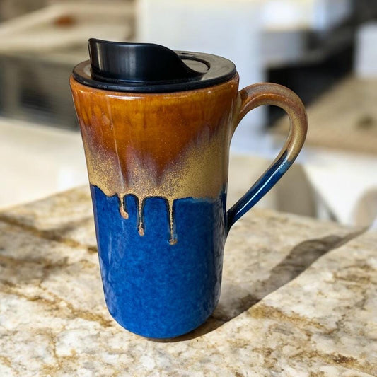 Handmade Caramel and Blue Travel Mug - Porcelain -  Travel Coffee Cup -  Travel Mug - Pottery Mug - Coffee Mug