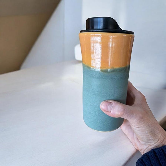 Handmade Caramel Dusty Green Matte Travel Mug - Porcelain -  Travel Coffee Cup -  Travel Mug - Pottery Mug - Coffee Mug