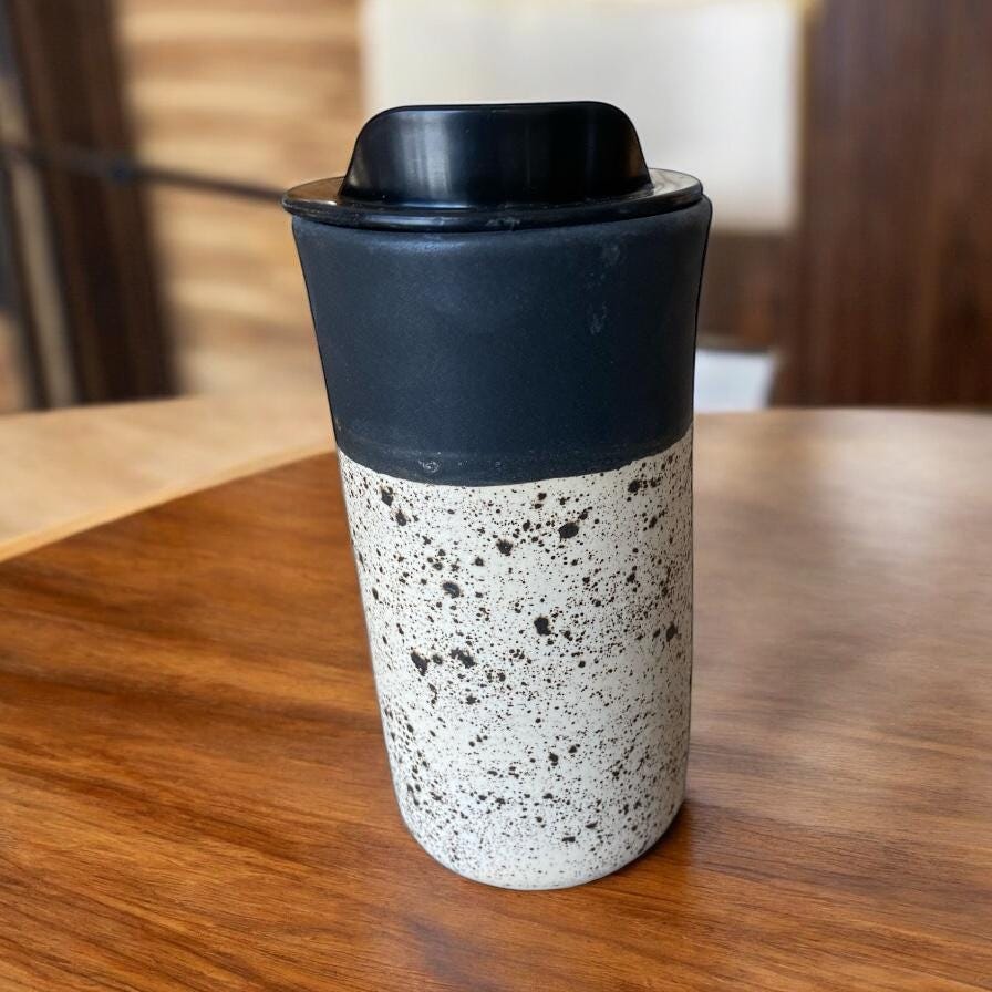 Handmade Matte Black and Speckled White Travel Mug - Porcelain - Travel Coffee Cup - Travel Mug - Pottery Mug - Coffee Mug
