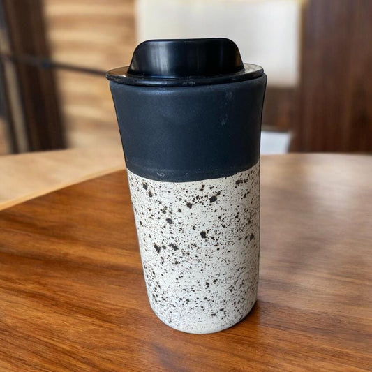 Handmade Matte Black and Speckled White Travel Mug - Porcelain -  Travel Coffee Cup -  Travel Mug - Pottery Mug - Coffee Mug