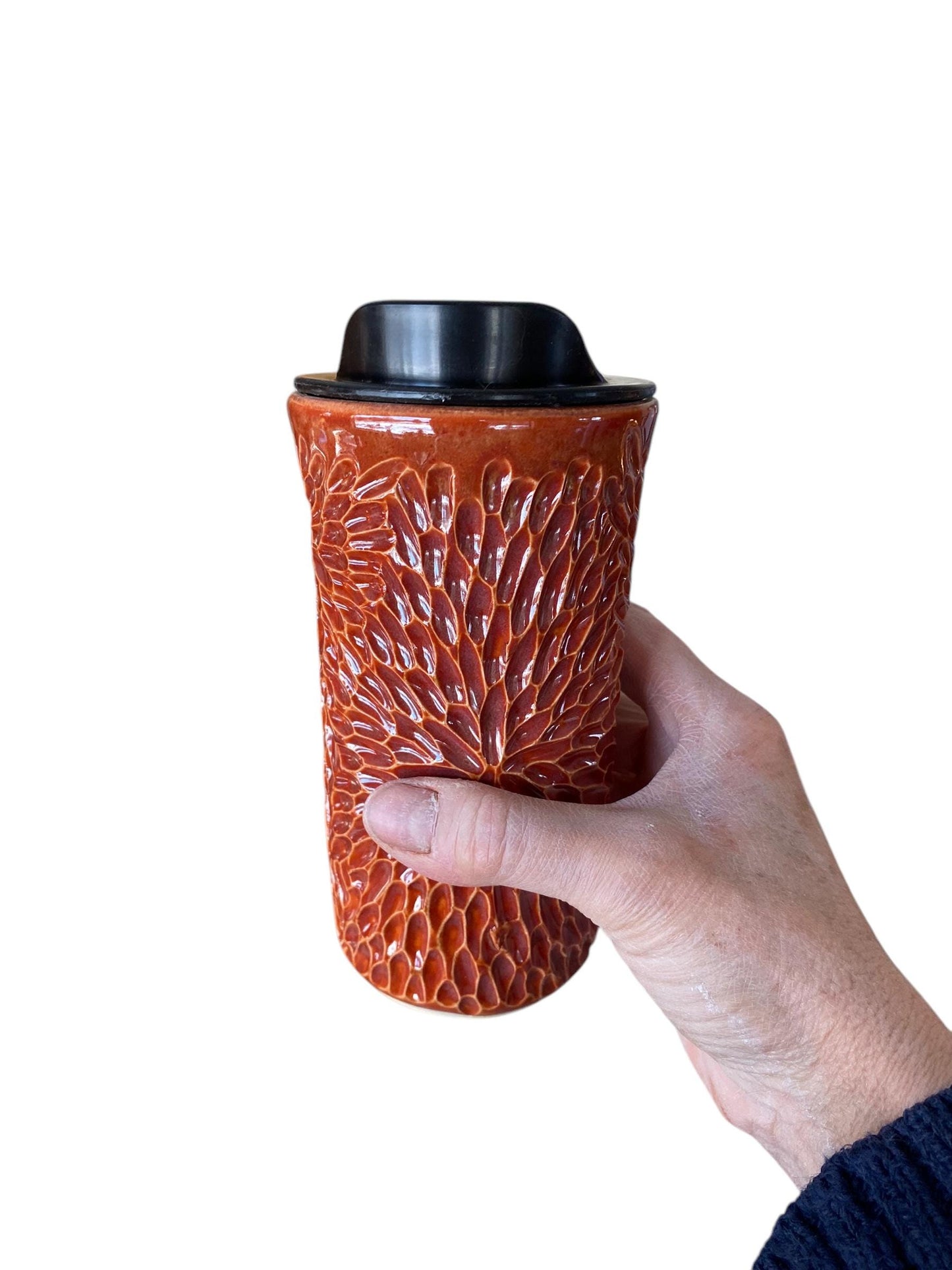 Handmade Hand Carved Burnt Orange Travel Mug - Porcelain - Travel Coffee Cup - Travel Mug - Pottery Mug - Coffee Mug