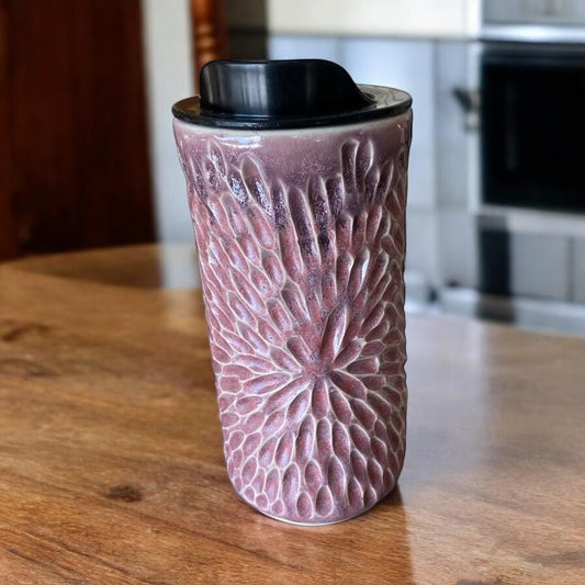 Handmade Hand Carved Merlot Travel Mug - Porcelain -  Travel Coffee Cup -  Travel Mug - Pottery Mug - Coffee Mug