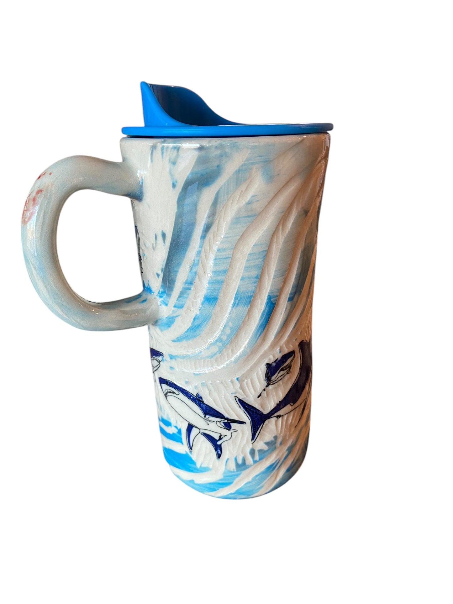 Handmade 16 Ounce Carved Shark Themed Travel Mug - Porcelain - Travel Coffee Cup - Travel Mug - Pottery Mug - Coffee Mug