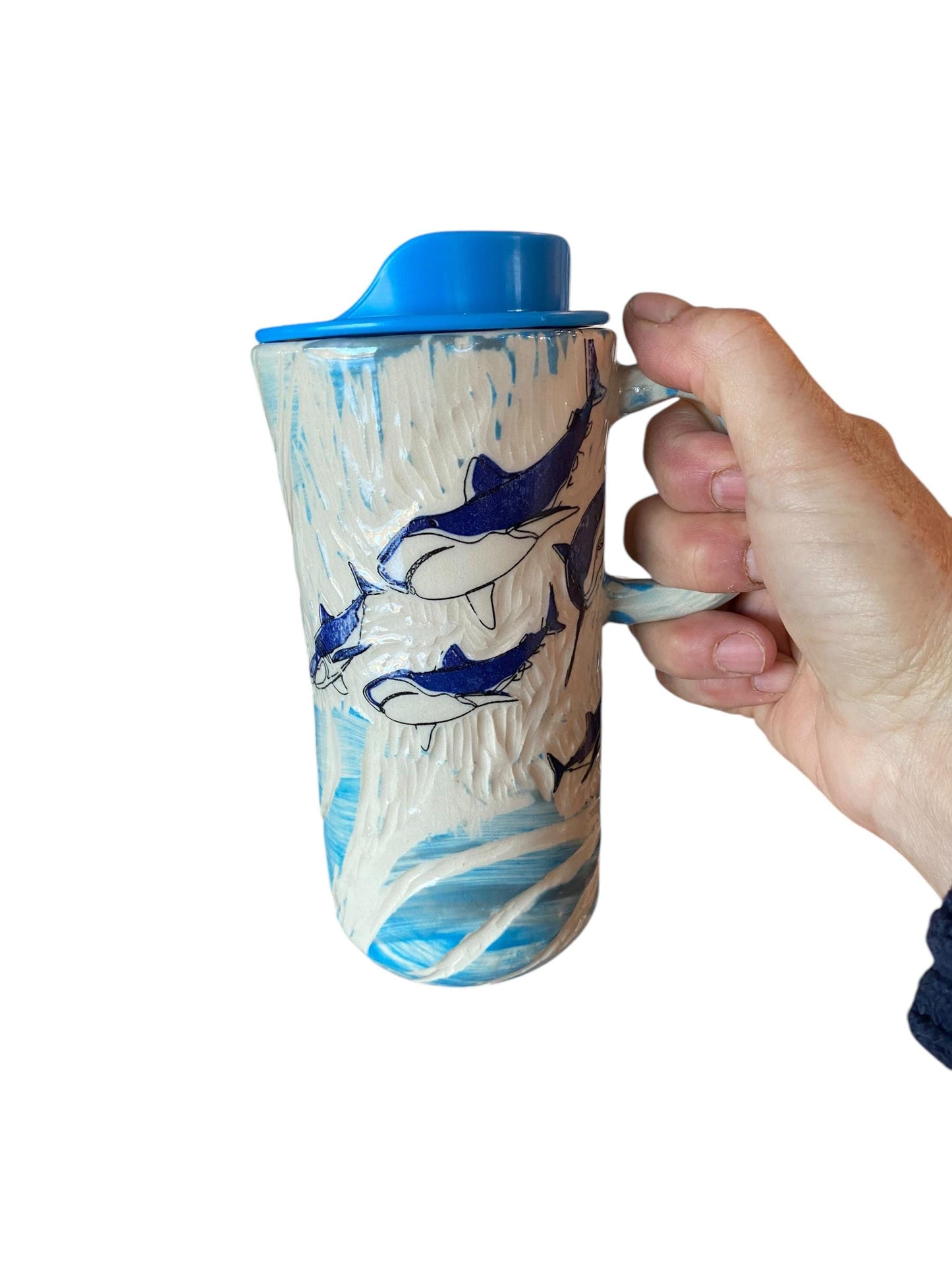Handmade 16 Ounce Carved Shark Themed Travel Mug - Porcelain - Travel Coffee Cup - Travel Mug - Pottery Mug - Coffee Mug