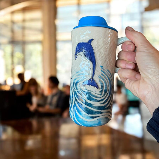 Handmade 16 Ounce Carved Dolphin Themed Travel Mug - Porcelain -  Travel Coffee Cup -  Travel Mug - Pottery Mug - Coffee Mug