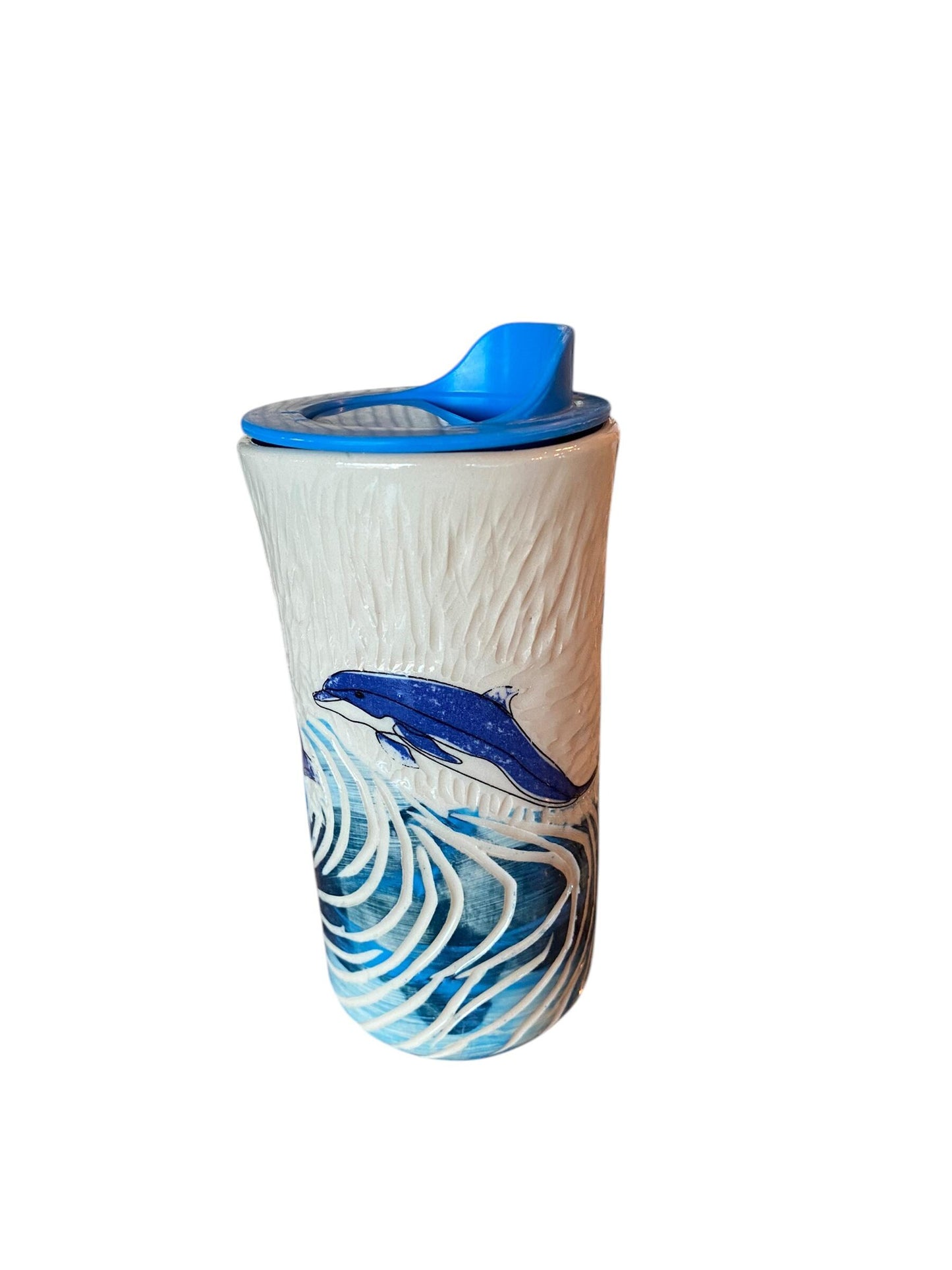 Hand Painted Dolphin Travel Mug: Sgraffito Ceramic Coffee Cup