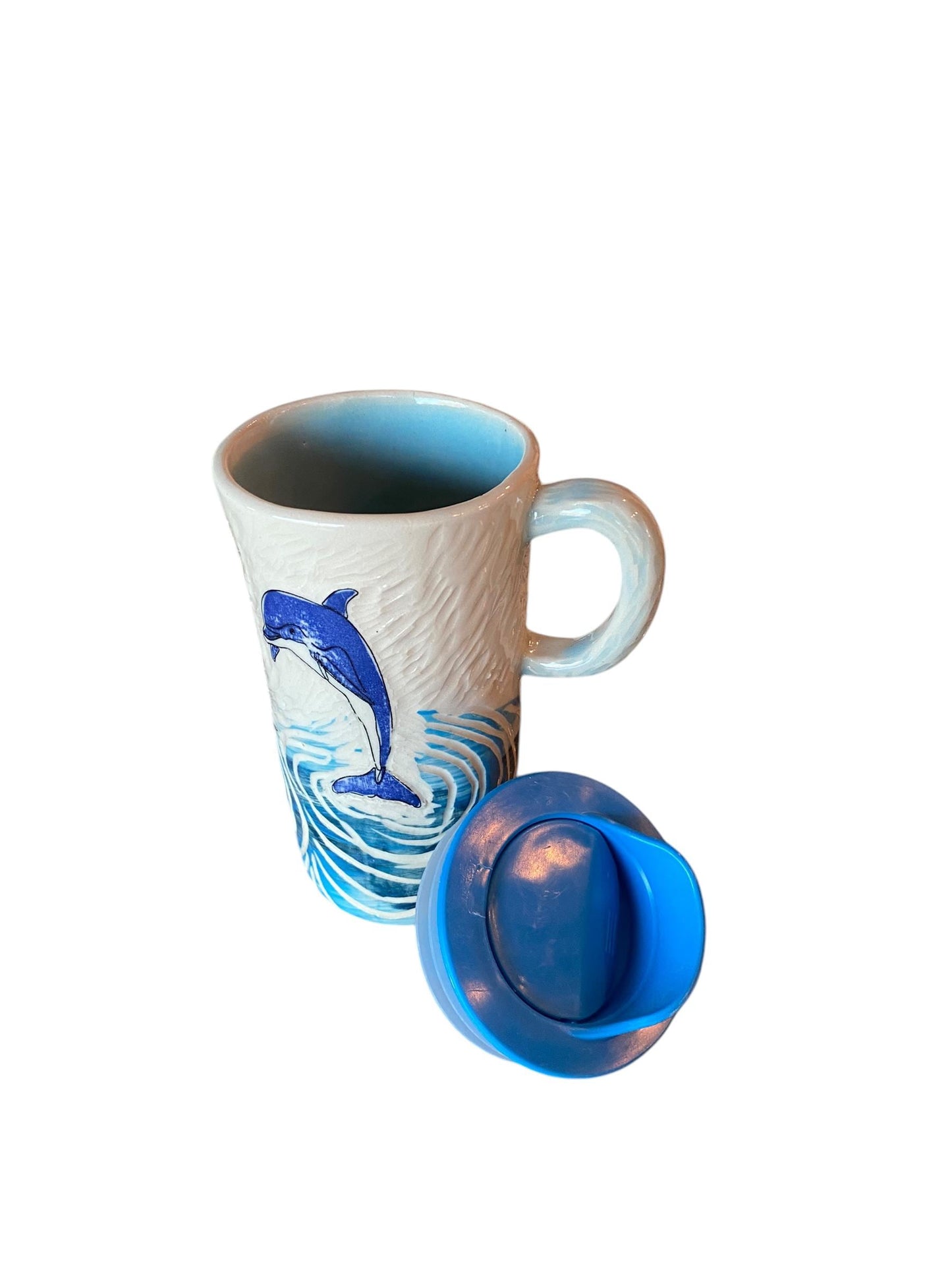 Hand Painted Dolphin Travel Mug: Sgraffito Ceramic Coffee Cup