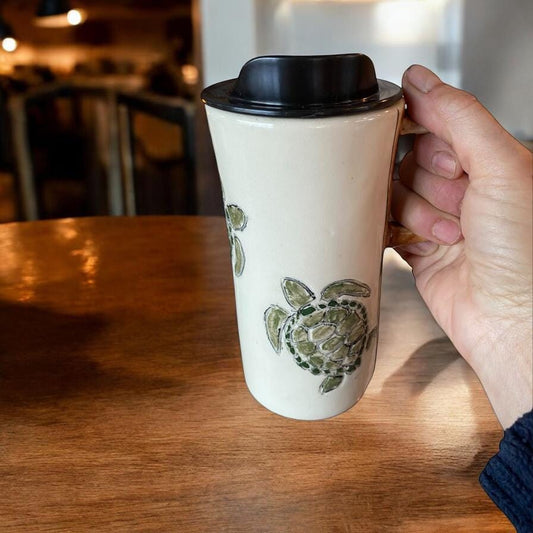 Handmade 16 Ounce Carved Turtle Themed Travel Mug - Porcelain -  Travel Coffee Cup -  Travel Mug - Pottery Mug - Coffee Mug