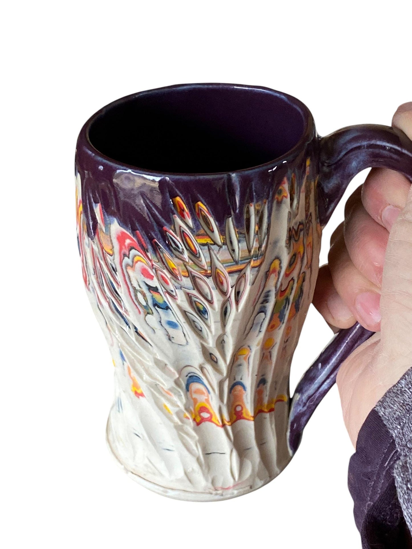 Handmade 14 Ounce Carved Nerikomi Coffee Mug With Rainbow Clay Colors