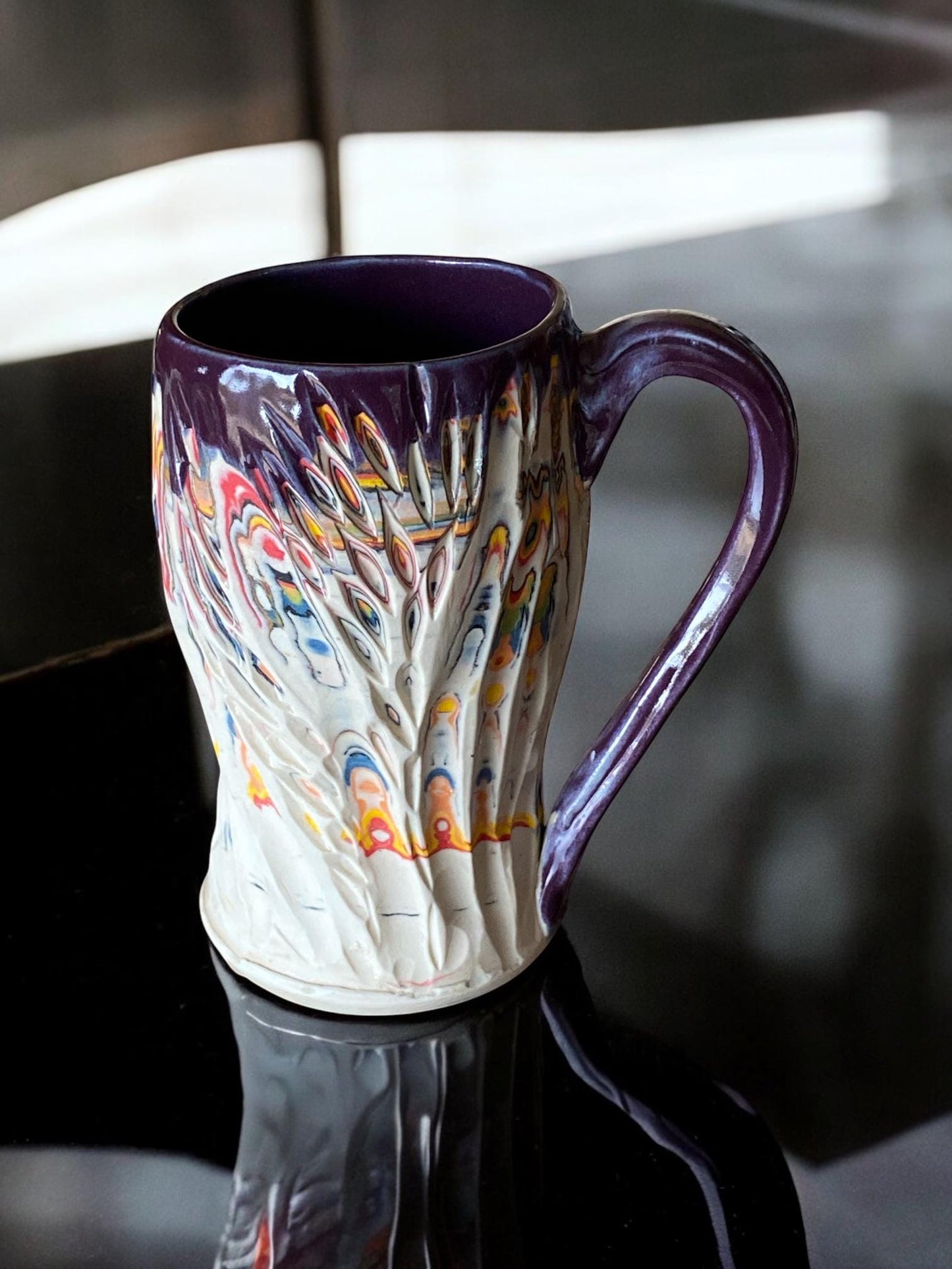 Handmade 14 Ounce Carved Nerikomi Coffee Mug With Rainbow Clay Colors