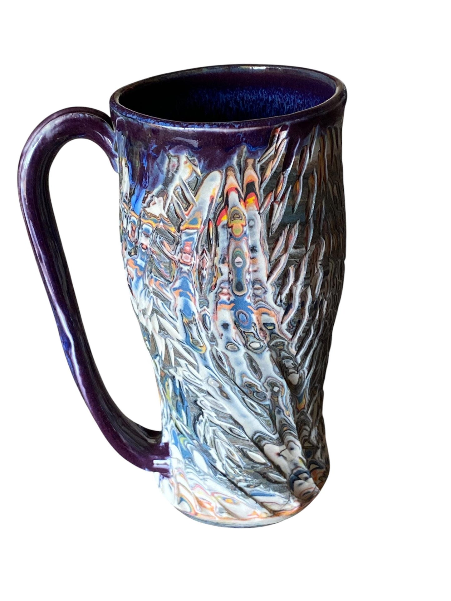 Handmade 17 Ounce Carved Nerikomi Coffee Mug Rainbow Clay Colors Pottery Stoneware Cup