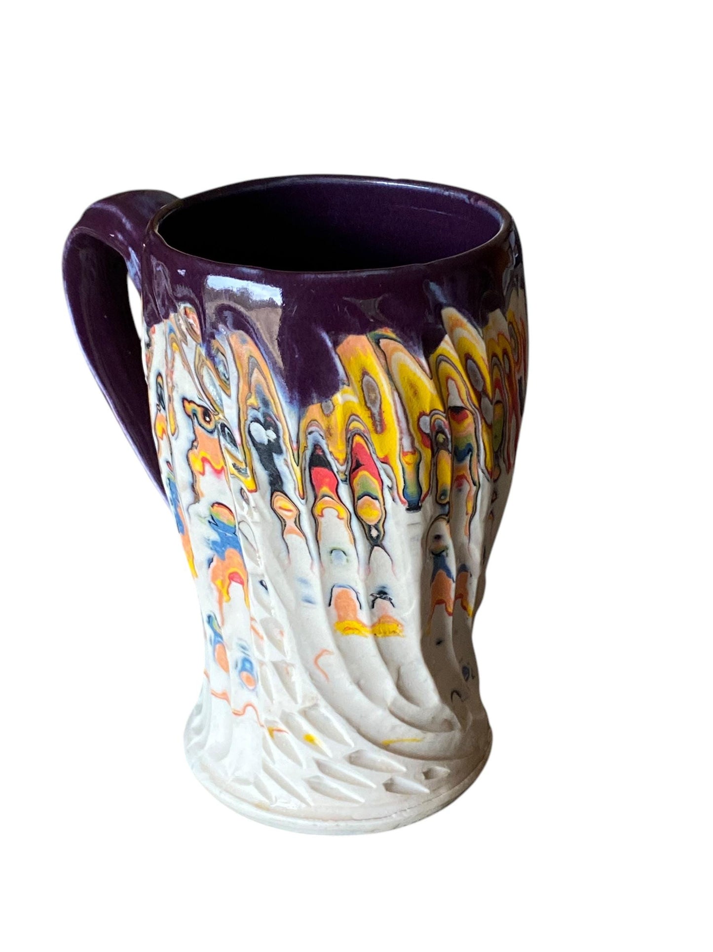 Handmade 14 Ounce Carved Nerikomi Coffee Mug With Rainbow Clay Colors