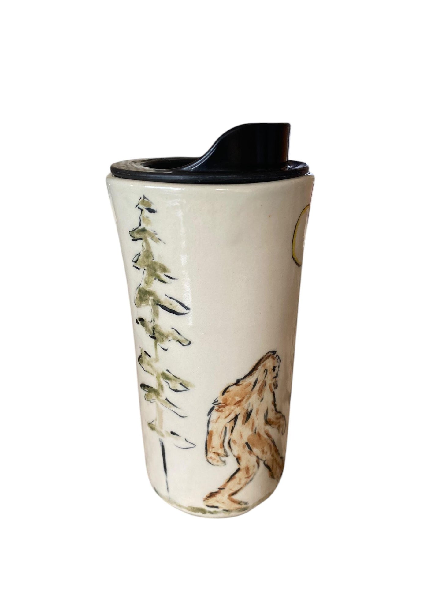Handmade Hand-Painted Bigfoot Walking Through The Woods Travel Mug- Pottery Mug - Coffee Mug