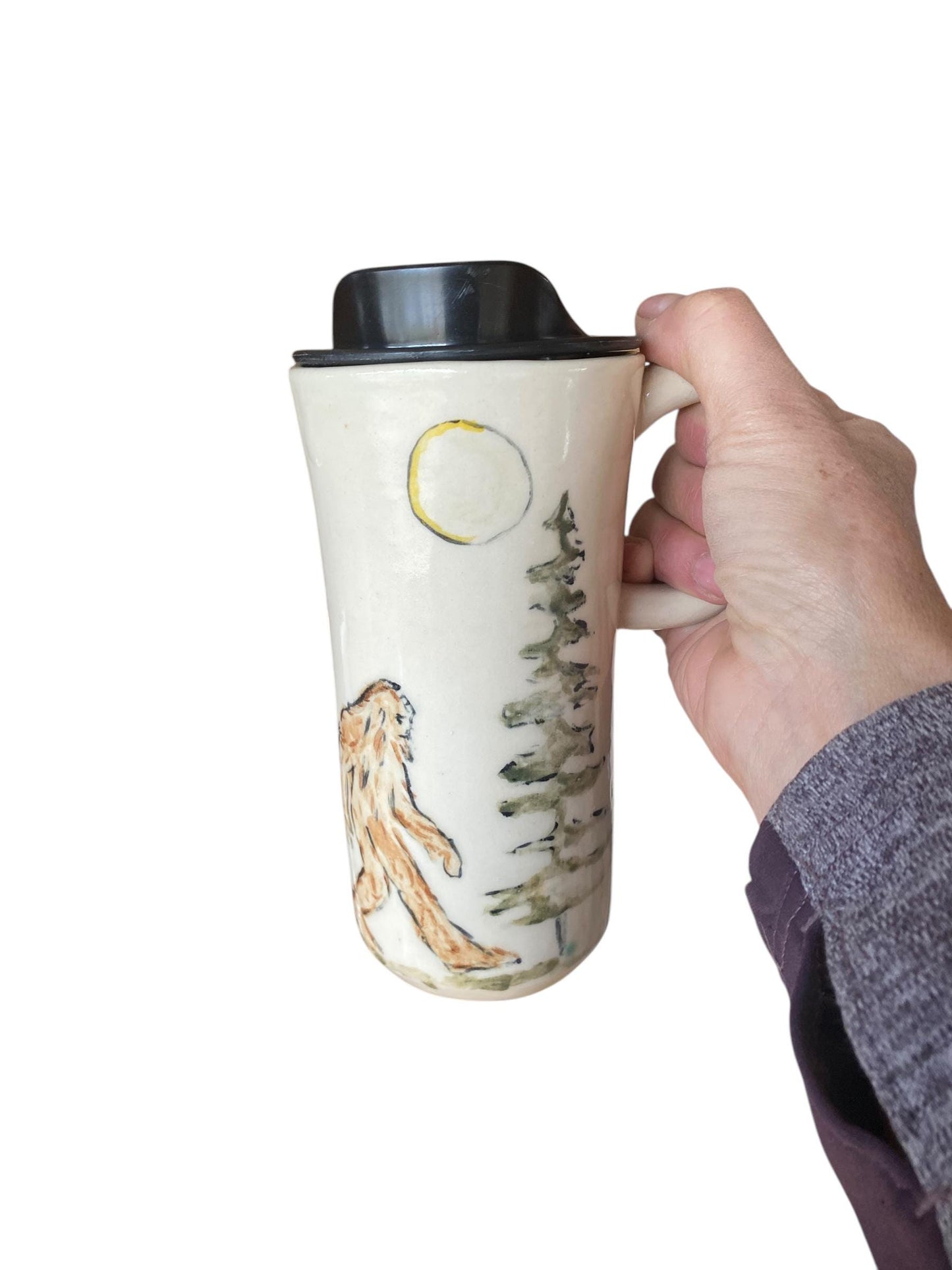 Handmade Hand-Painted Bigfoot Walking Through The Woods Travel Mug- Pottery Mug - Coffee Mug