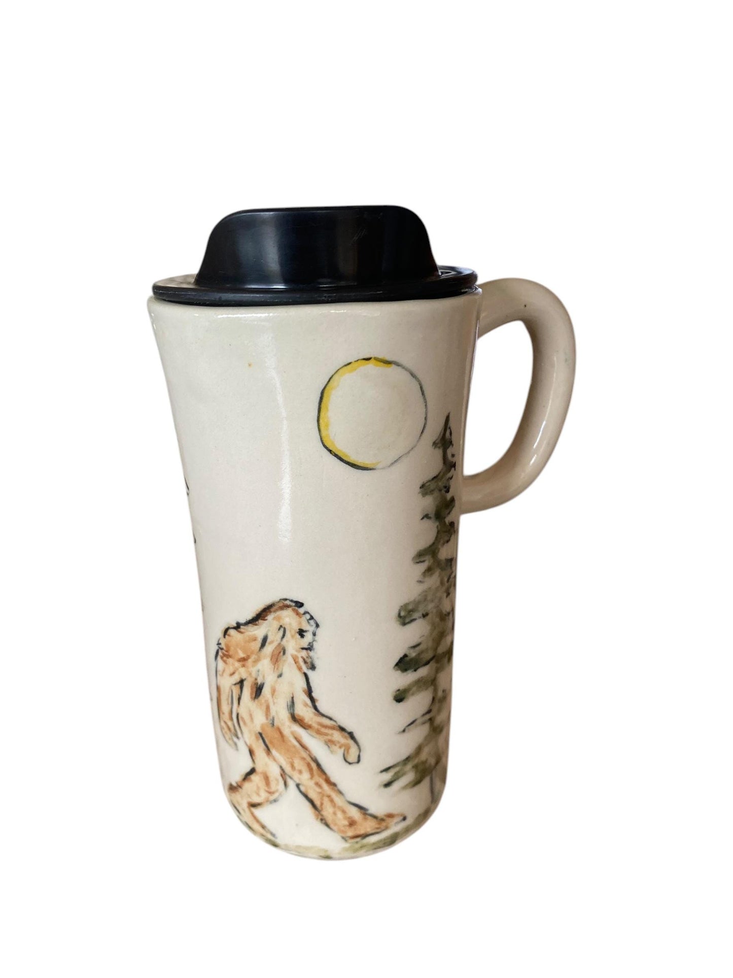 Handmade Hand-Painted Bigfoot Walking Through The Woods Travel Mug- Pottery Mug - Coffee Mug