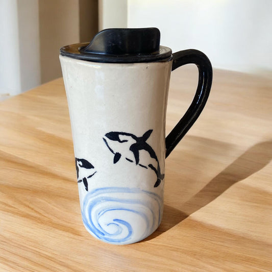 Handmade 16 Ounce Orca Whale Themed Travel Mug - Porcelain -  Travel Coffee Cup -  Travel Mug - Pottery Mug - Coffee Mug