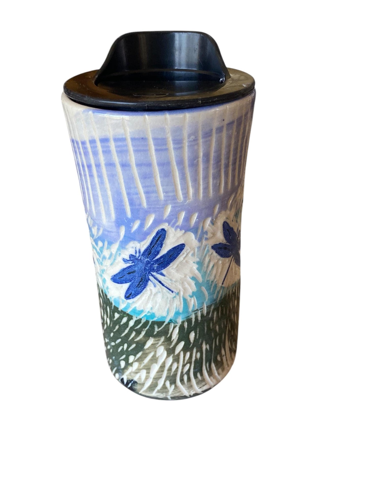 Handcrafted Porcelain Dragonfly Travel Mug: Carved Stoneware Coffee Cup for Commuters