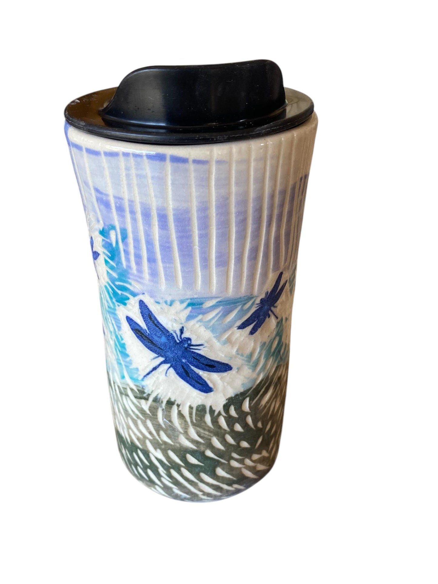Handcrafted Porcelain Dragonfly Travel Mug: Carved Stoneware Coffee Cup for Commuters
