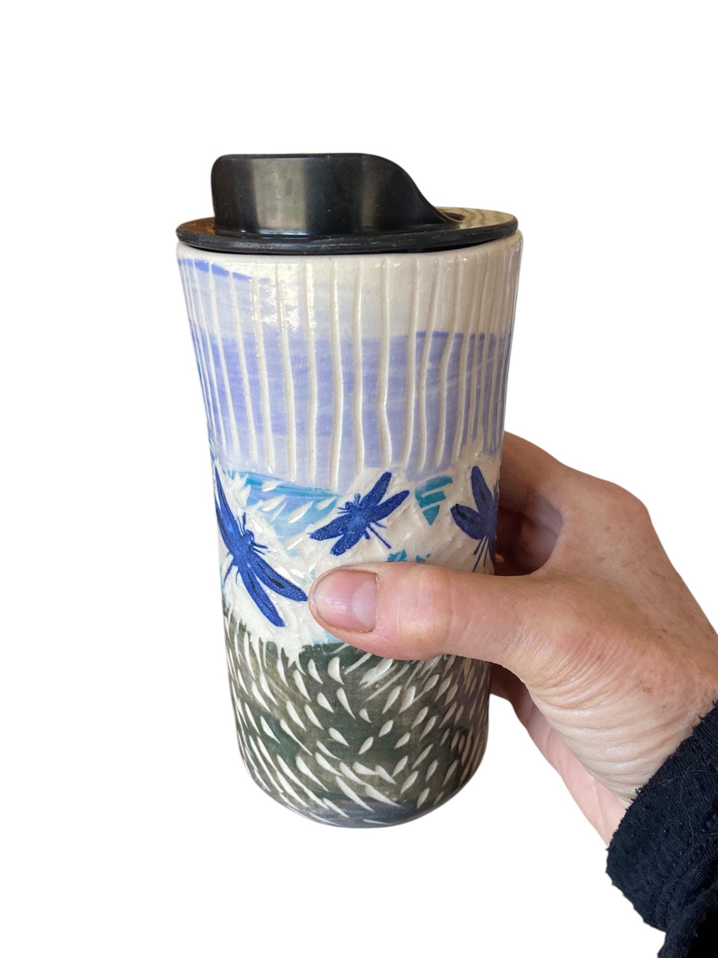 Handcrafted Porcelain Dragonfly Travel Mug: Carved Stoneware Coffee Cup for Commuters