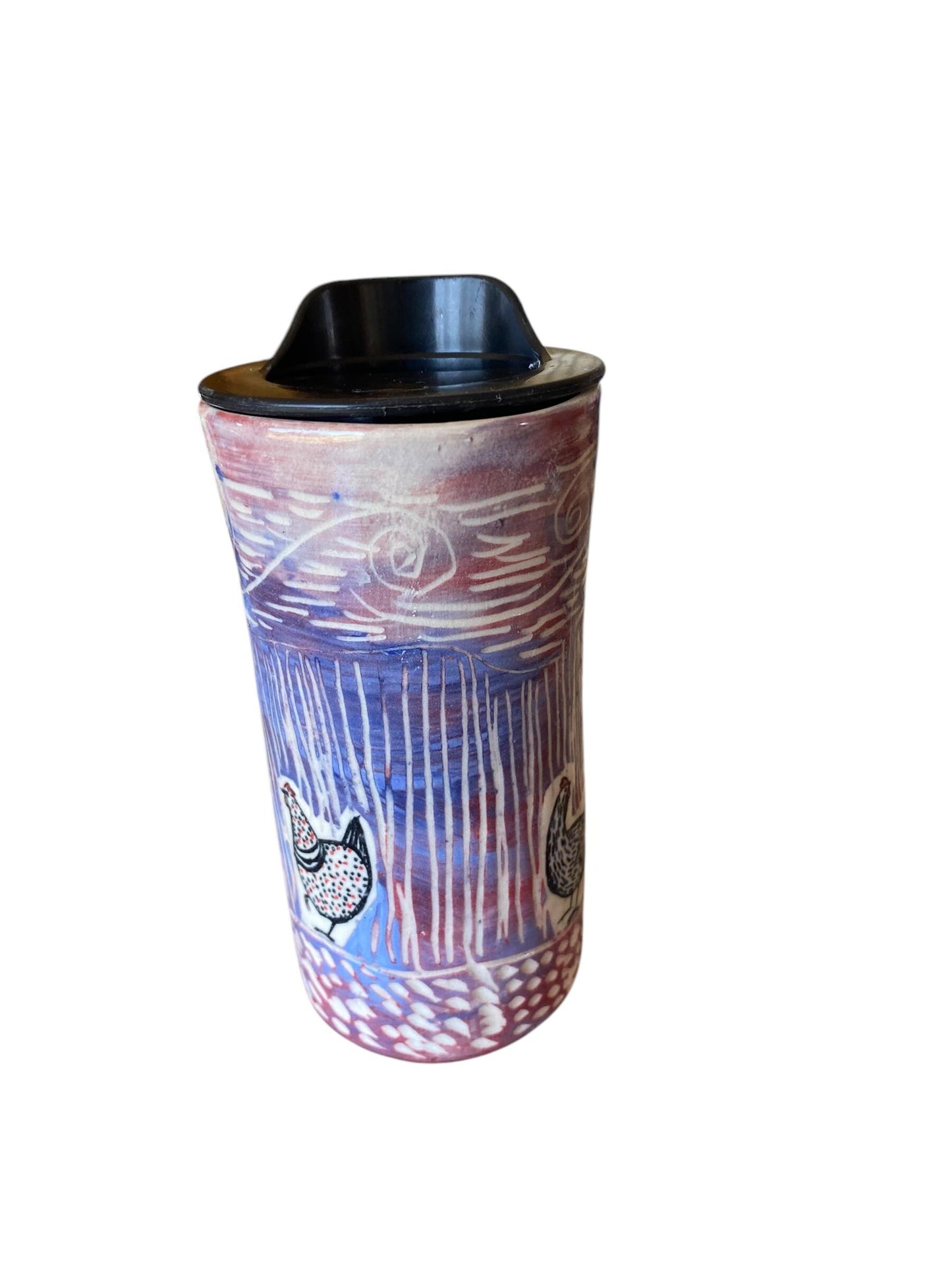 Artisan-Crafted Chicken Porcelain Travel Mug - 16oz Handmade Carved Pottery Commuter Cup