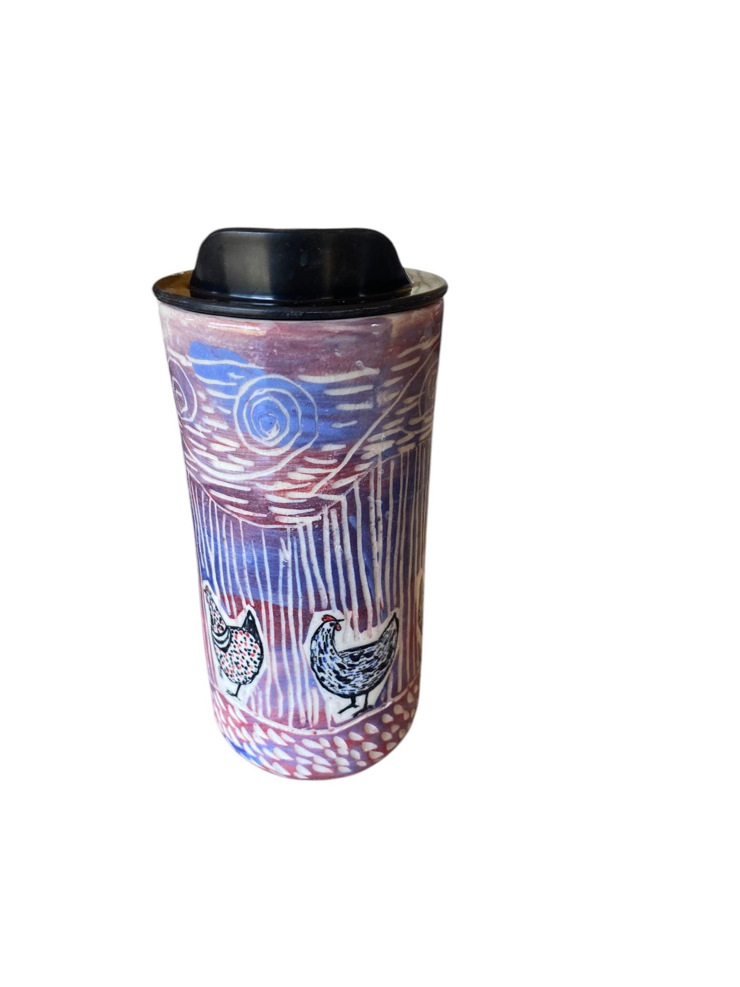 Artisan-Crafted Chicken Porcelain Travel Mug - 16oz Handmade Carved Pottery Commuter Cup