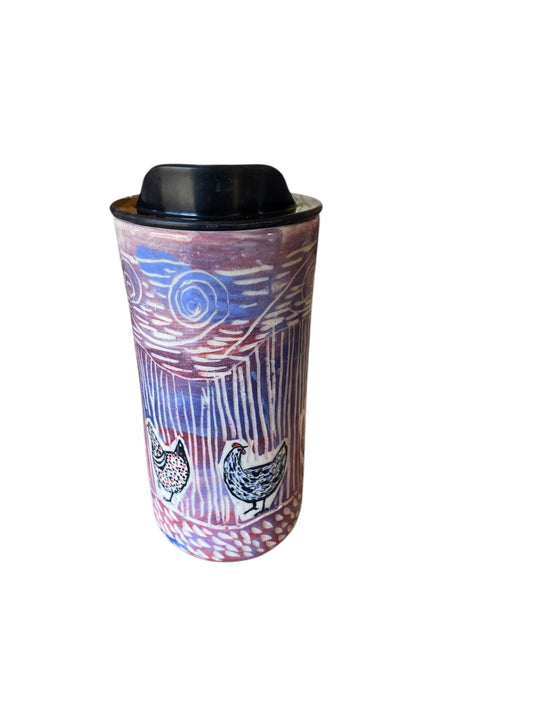 Artisan-Crafted Chicken Porcelain Travel Mug - 16oz Handmade Carved Pottery Commuter Cup