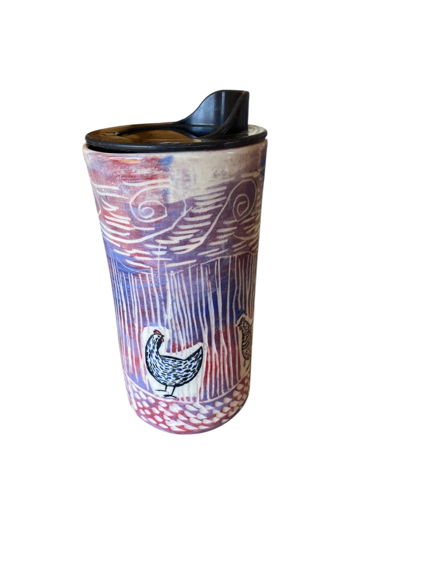 Artisan-Crafted Chicken Porcelain Travel Mug - 16oz Handmade Carved Pottery Commuter Cup