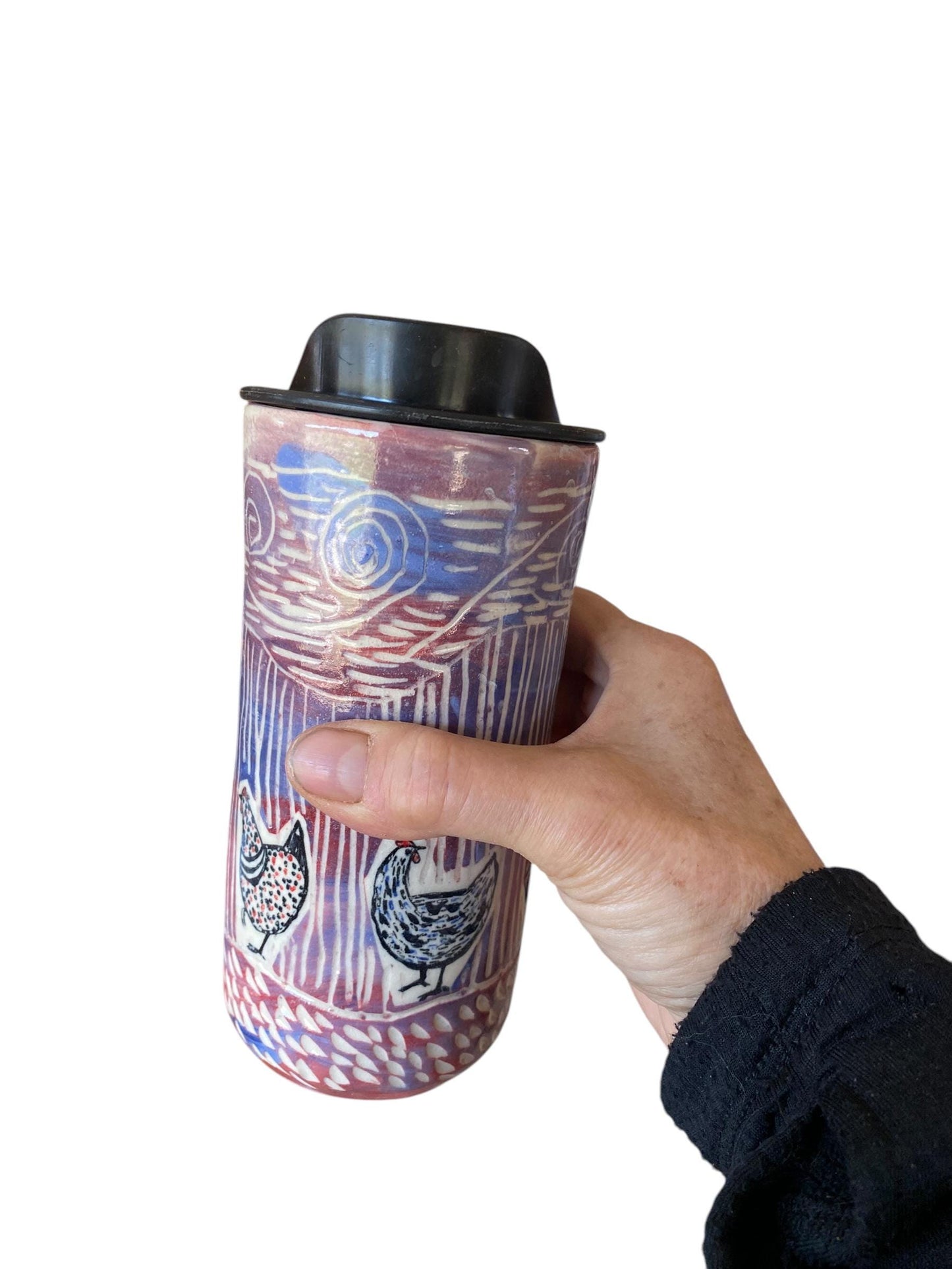 Handmade 16 Ounce Carved Chicken Themed Travel Mug - Porcelain - Travel Coffee Cup - Travel Mug - Pottery Mug - Coffee Mug