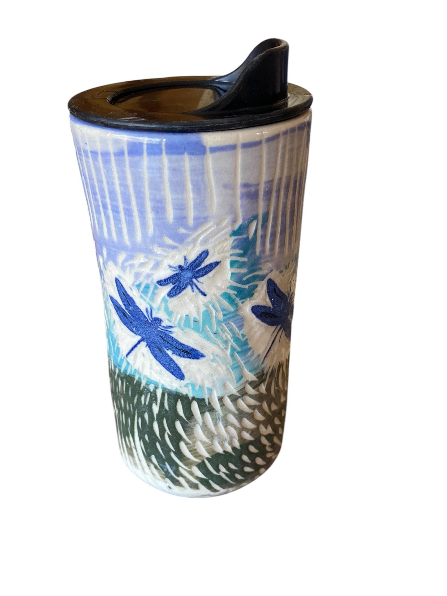 Handcrafted Porcelain Dragonfly Travel Mug: Carved Stoneware Coffee Cup for Commuters
