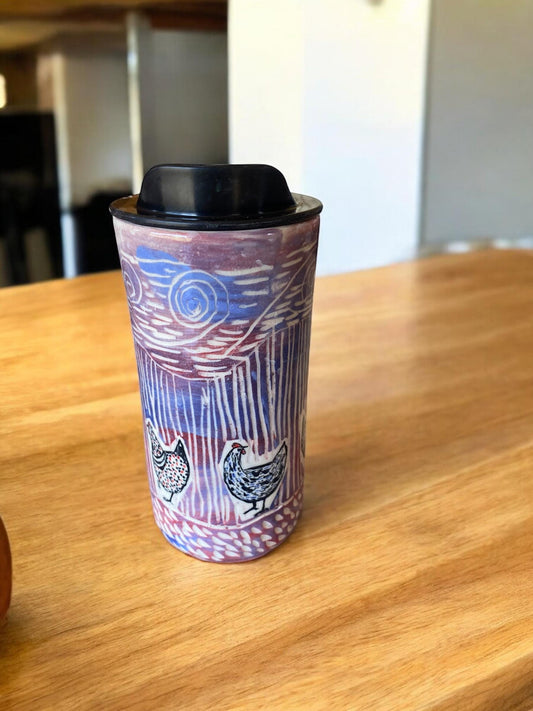 Handmade 16 Ounce Carved Chicken Themed Travel Mug - Porcelain -  Travel Coffee Cup -  Travel Mug - Pottery Mug - Coffee Mug
