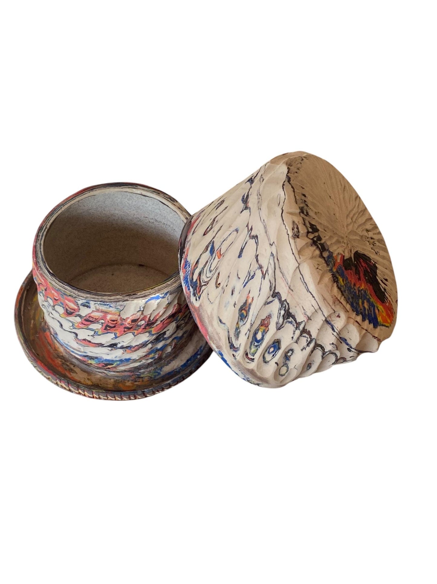 Fluted Salt Jar – Swirled Colored Clays with Japanese Neriage, Hand-Carved, Satin-Smooth Unglazed Pottery