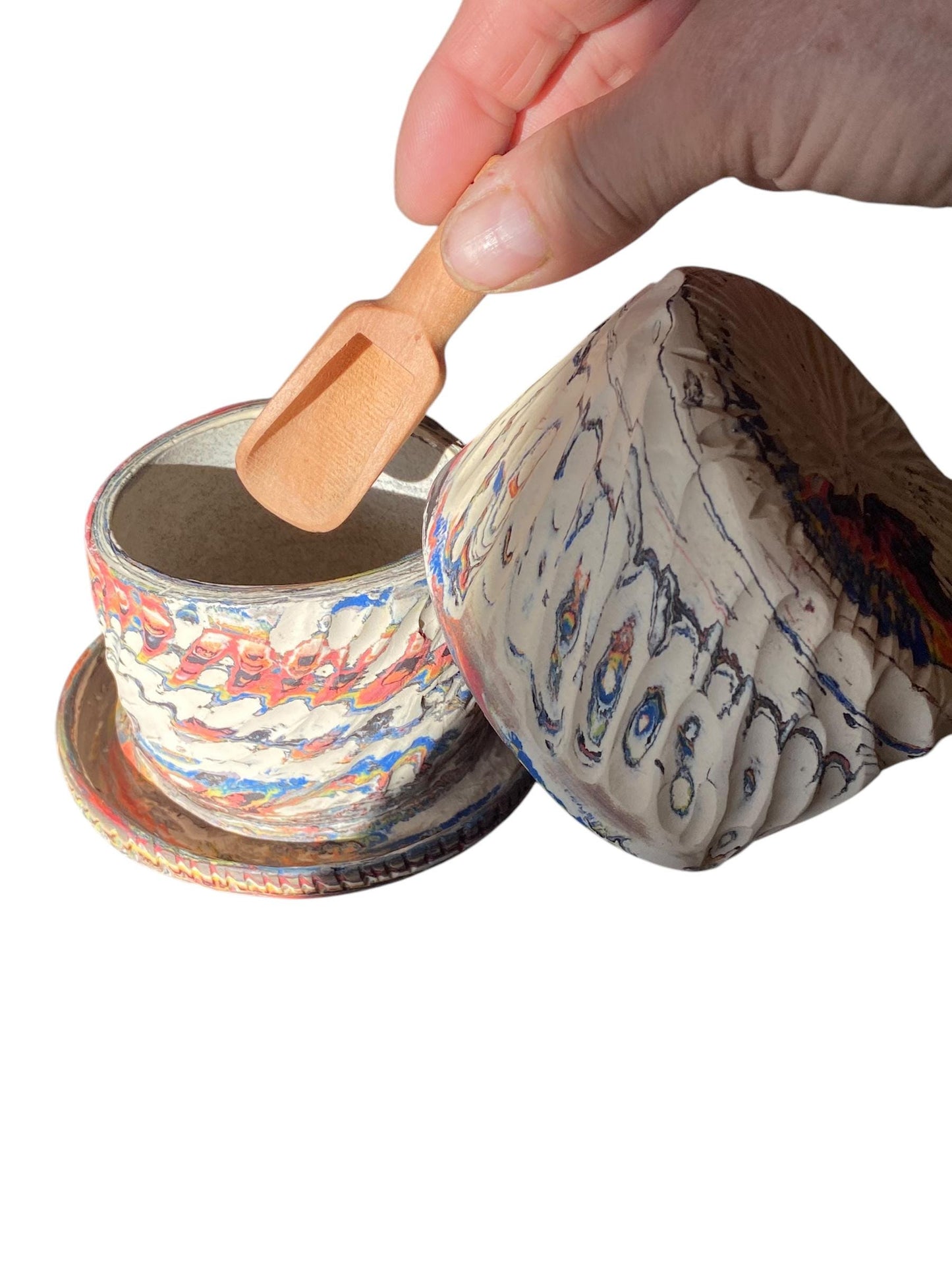 Fluted Salt Jar – Swirled Colored Clays with Japanese Neriage, Hand-Carved, Satin-Smooth Unglazed Pottery