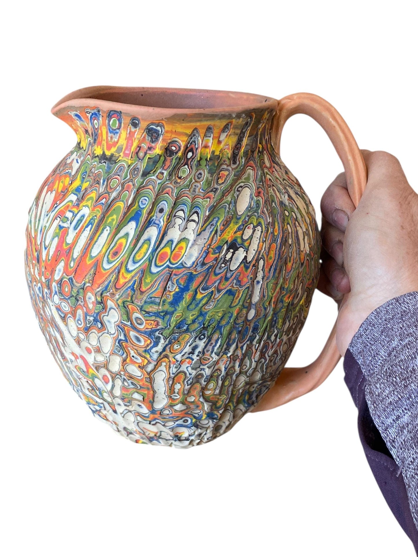 Large Agateware Carved Pitcher - Nerikomi Margarita Pitcher