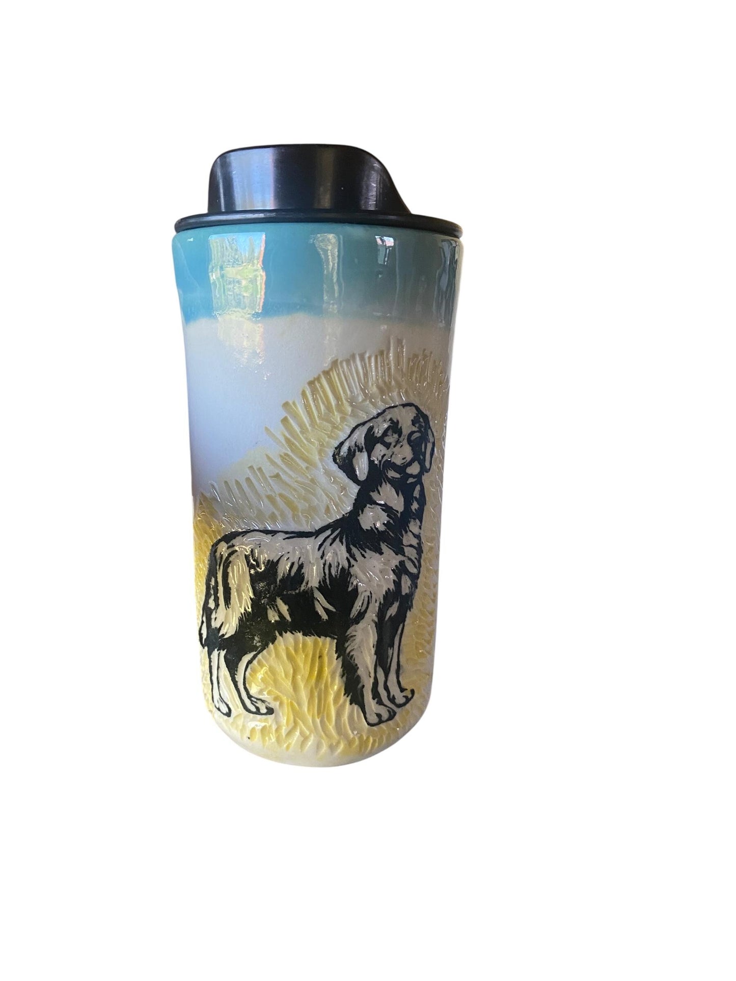 Handmade Golden Retriever Travel Mug: Sgraffito Ceramic Coffee Cup with Lid