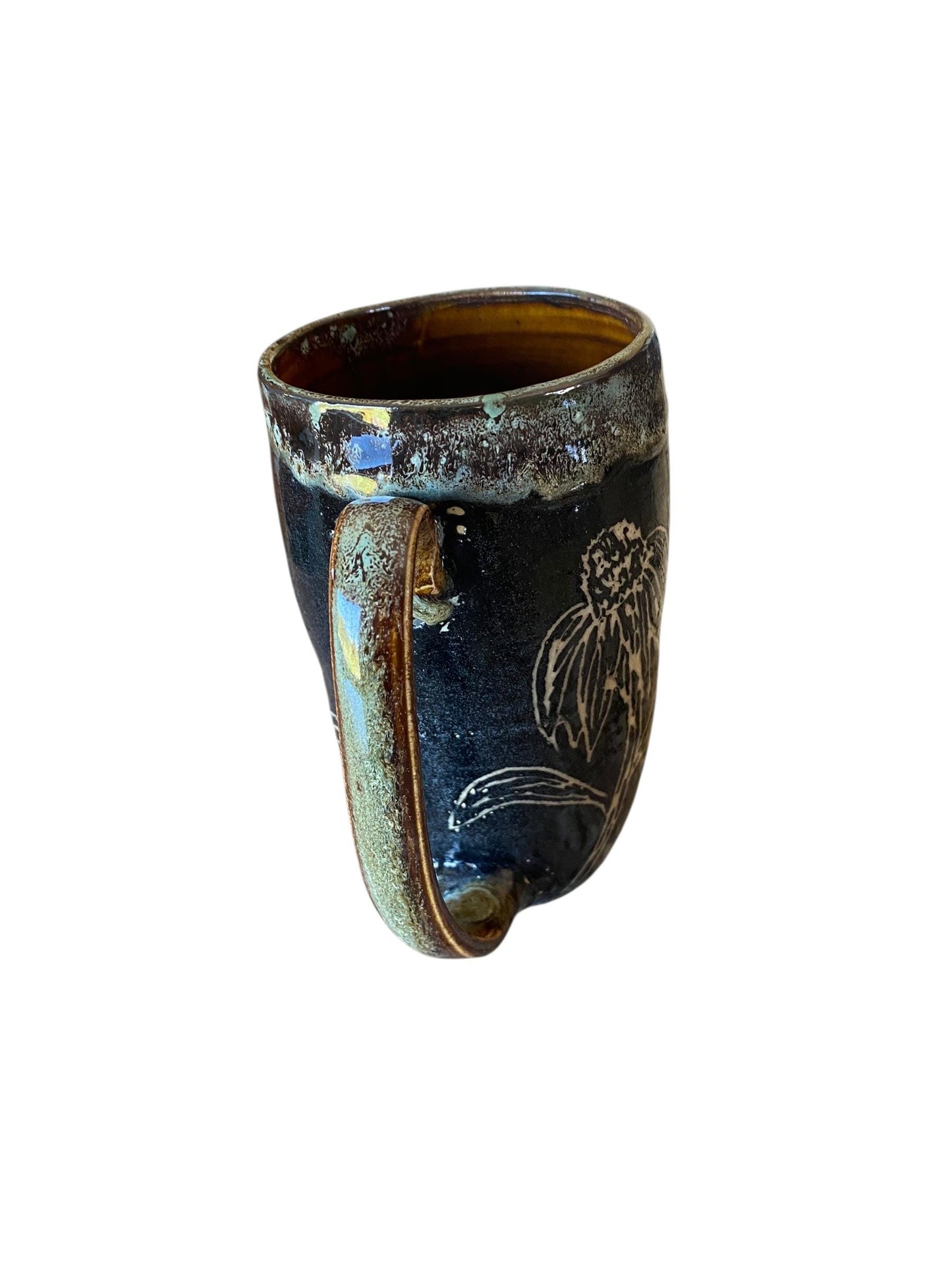 Handmade Sgraffito Coneflower Mug: Rainbow Carved Ceramic Coffee Cup