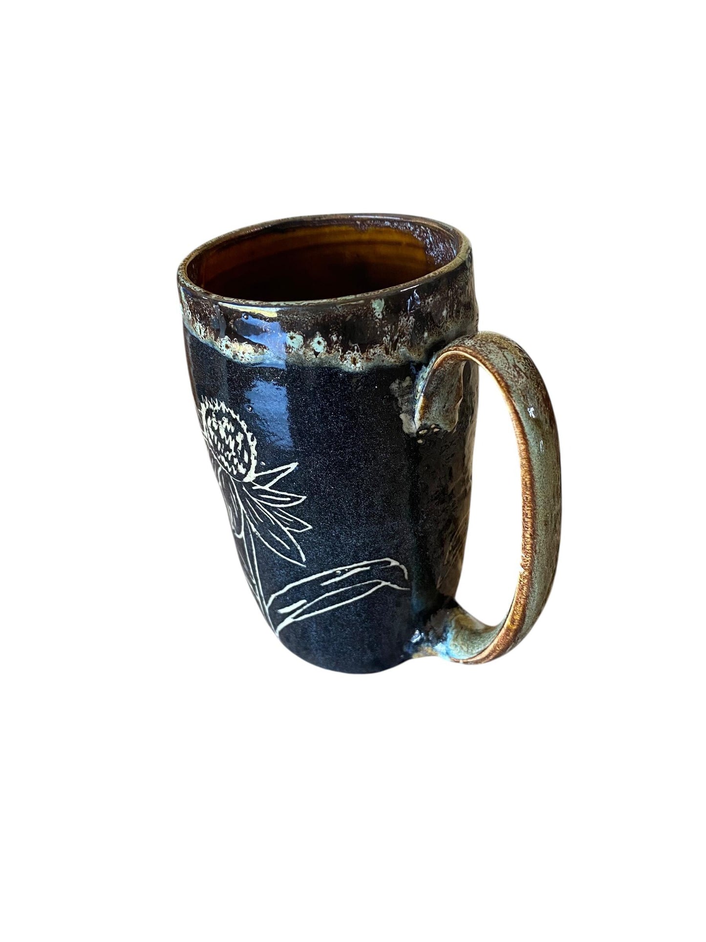 Handmade Sgraffito Coneflower Mug: Rainbow Carved Ceramic Coffee Cup