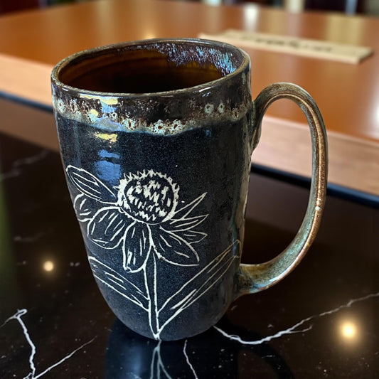 Handmade Sgraffito Coneflower Mug: Rainbow Carved Ceramic Coffee Cup