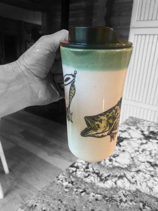 Handmade Silk Screened Ceramic Travel Mug: Bass Fishing Gift