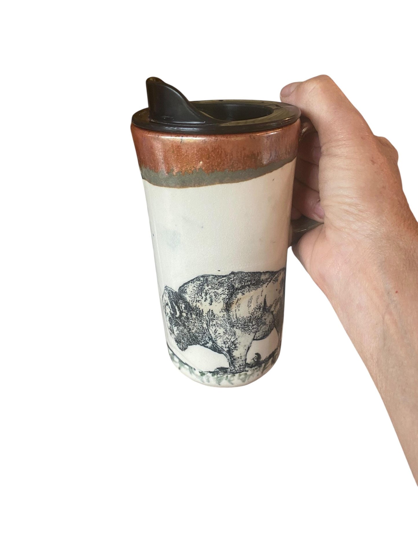 16oz Speaking Bunny & Buffalo Travel Mug - Handmade Stoneware Coffee Cup 'What's up doc?'