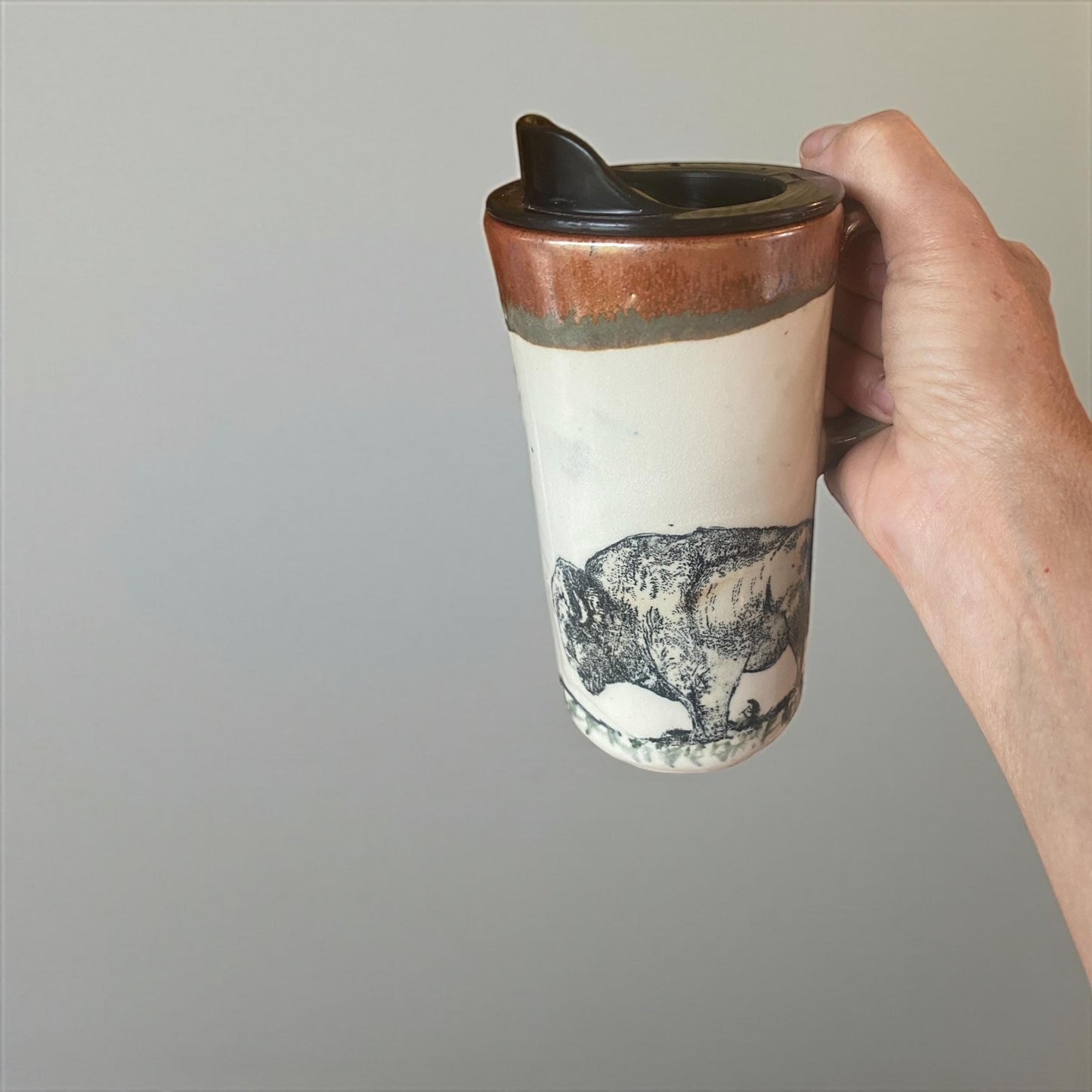 16oz Speaking Bunny & Buffalo Travel Mug - Handmade Stoneware Coffee Cup 'What's up doc?'