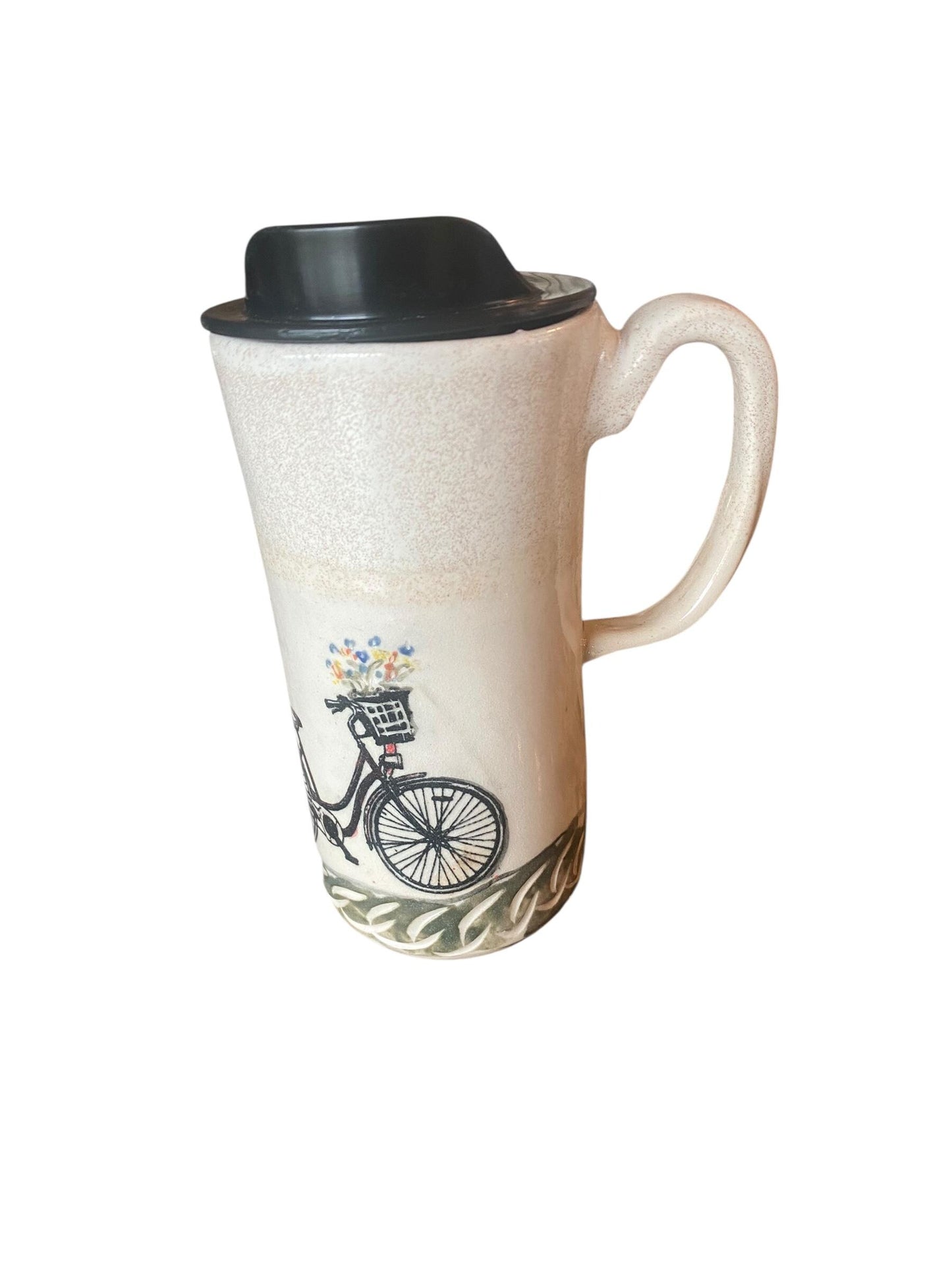 Handcrafted Floral Bicycle Ceramic Travel Mug: 16 oz Stoneware Coffee Cup for Commuters